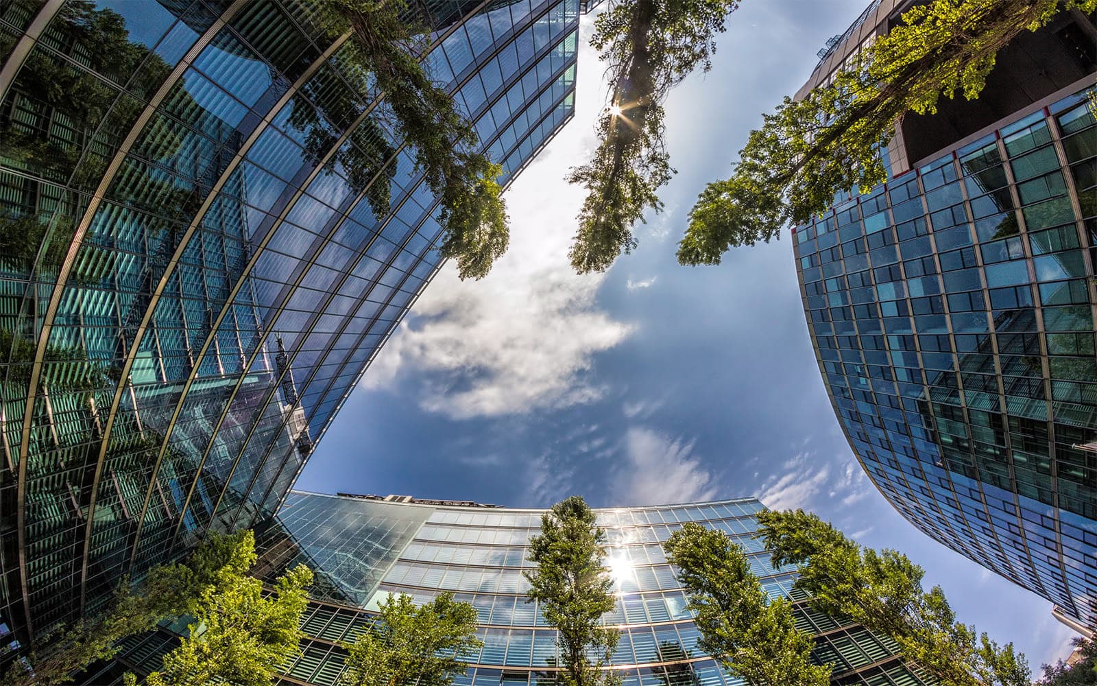 Futuristische Stadtansicht mit modernen Glasgebäuden und hohen Bäumen, die sich zwischen den Gebäuden erstrecken. Der blaue Himmel spiegelt sich in den Fenstern der Gebäude.